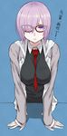  :t arm_support bare_shoulders between_breasts blush breasts fate/grand_order fate_(series) glasses hair_over_one_eye large_breasts mash_kyrielight md5_mismatch necktie necktie_between_breasts pout purple_eyes purple_hair red-framed_eyewear short_hair simple_background solo translation_request utu_(ldnsft) 