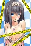  areolae bare_shoulders blue_eyes blush breasts caution_tape checkered checkered_background clothes_pull hairband idolmaster idolmaster_cinderella_girls jewelry keep_out large_breasts long_hair mag_(magbp2119) necklace out_of_frame pov pov_hands sagisawa_fumika shawl solo_focus sweater 