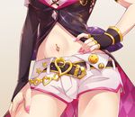  badge beige_background belt black_gloves bridal_gauntlets button_badge checkered close-up e20 fingerless_gloves fingernails gloves hand_on_hip hand_on_own_thigh head_out_of_frame heart idolmaster idolmaster_cinderella_girls jewelry jougasaki_mika long_fingernails lower_body midriff mismatched_gloves nail_polish navel navel_piercing peace_symbol piercing pink_nails short_shorts shorts simple_background smiley_face solo star 