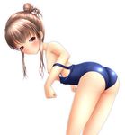  ass blush breasts brown_eyes brown_hair eyebrows_visible_through_hair highres ki_(kk-sk-ray) leaning_forward nipples one-piece_swimsuit original school_swimsuit simple_background small_breasts solo swimsuit swimsuit_pull 