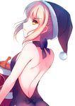  artoria_pendragon_(all) blonde_hair breasts bucket_of_chicken euforia fate_(series) fried_chicken from_behind hat kfc long_hair santa_alter santa_hat sideboob simple_background small_breasts solo white_background yellow_eyes 