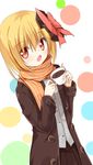  alternate_costume blonde_hair coat coffee cup hair_ribbon long_sleeves looking_at_viewer open_clothes open_coat open_mouth red_eyes ribbon rumia scarf shirt skirt solo teacup touhou yuuhagi_(amaretto-no-natsu) 