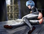  ass ayanami_rei bed black_panties blue_hair curtains hair_ornament looking_at_viewer lying mightyhonk neon_genesis_evangelion on_bed on_side panties parted_lips partially_visible_vulva plugsuit pubic_hair red_eyes short_hair solo underwear window 