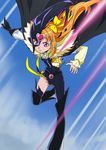  black_gloves bow brooch cloud cure_muse_(black) cure_muse_(yellow) day gloves hair_bow haruyama_kazunori jewelry long_hair magical_girl orange_hair pink_eyes precure shirabe_ako sky solo spoilers suite_precure torn_clothes 