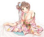  arm_support bare_shoulders barefoot blush breasts brown_hair cleavage collarbone full_body hair_ornament japanese_clothes kichiroku kimono large_breasts long_hair love_live! love_live!_school_idol_project minami_kotori side_ponytail smile solo white_background yellow_eyes 