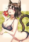  animal_ears apple ass bangs bell bell_collar black_bra black_panties bra breasts brown_hair cat_ears cat_tail cleavage collar collarbone cowboy_shot fangs food fruit heart jingle_bell kaio_(watagami) large_breasts leaning_forward looking_at_viewer open_mouth original panties red_eyes short_hair solo tail underwear underwear_only 