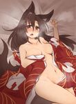  animal_ears bed blush breasts brown_hair collarbone fang groin imaizumi_kagerou kaginoni large_breasts long_hair looking_at_viewer navel nude open_mouth red_eyes solo sweat tail tears touhou wolf_ears wolf_tail 