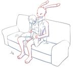  anal anal_penetration anthro aogami arm_around_neck arm_up balls barefoot bottomless child clothed clothing cum cum_on_self digital_drawing_(artwork) digital_media_(artwork) duo flaccid front_view grin half-dressed human human_on_anthro interspecies kazuma_ikezawa king_kazuma lagomorph male male/male mammal messy naughty_face nude penetration penis rabbit restricted_palette shirt signature size_difference sofa straddling summer_wars tank_top uncut young 