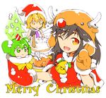  animal_costume animal_ears bell brown_hair bucket cake christmas_tree fang food green_eyes green_hair hair_bobbles hair_ornament hat ichizen_(o_tori) imaizumi_kagerou in_bucket in_container kisume kurodani_yamame long_hair merry_christmas multiple_girls one_eye_closed open_mouth red_eyes reindeer_costume santa_hat short_hair smile touhou turkey twintails wolf_ears 