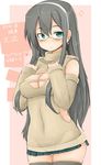  black_hair blue_eyes blush breasts cleavage_cutout detached_sleeves glasses hairband highres kantai_collection long_hair looking_at_viewer medium_breasts meme_attire nipple_slip nipples okiraku_nikku ooyodo_(kantai_collection) open-chest_sweater open_mouth ribbed_sweater skirt solo sweater sweater_vest thighhighs turtleneck 