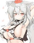  animal_ears armpits arms_behind_head autumn_leaves blush bouncing_breasts breasts cleavage hat highres inubashiri_momiji large_breasts leaf looking_at_viewer okiraku_nikku open_mouth red_eyes short_hair sideboob silver_hair sketch solo tail tokin_hat touhou underboob wolf_ears wolf_tail 