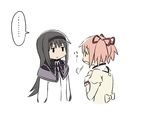  2girls akemi_homura black_hair blank_stare breath capelet expressionless hair_ribbon headband kaname_madoka long_hair long_sleeves luminous_(madoka_magica) mahou_shoujo_madoka_magica mahou_shoujo_madoka_magica_movie multiple_girls oda_takayuki pink_hair ribbon shirt simple_background spoken_ellipsis two_side_up upper_body white_background white_shirt 