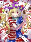  absurdres american_flag_dress american_flag_legwear bad_id bad_pixiv_id bangs between_fingers blonde_hair card clownpiece colored_eyelashes cowboy_shot elly eyebrows eyebrows_visible_through_hair floating_card frilled_shirt_collar frills grin gunjin_(aguran) hat highres holding holding_card jester_cap joker lipstick long_hair looking_at_viewer makeup neck_ruff pantyhose playing_card polka_dot purple_eyes red_background short_sleeves smile solo star star_print striped touhou touhou_(pc-98) uneven_eyes very_long_hair 
