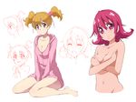  ^_^ aida_mana barefoot blush breasts brown_hair cleavage closed_eyes covering covering_breasts dokidoki!_precure fresh_precure! looking_at_viewer medium_breasts momozono_love multiple_girls nanashishi nude pajamas pink_hair precure short_hair simple_background sitting small_breasts smile twintails wariza white_background 