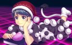  black_dress blob blue_eyes blue_hair book chimuchimu_(drowandpaint) dark doremy_sweet dream_soul dress grid hand_on_own_cheek hat highres lying nightcap on_stomach pom_pom_(clothes) short_hair smile socks solo tail tapir_tail touhou white_dress white_legwear 