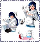  bangs blue_hair blunt_bangs blush breasts brown_eyes chibi closed_eyes couple denim embarrassed flat_chest ginnoturu hug idolmaster idolmaster_(classic) jeans kisaragi_chihaya licking long_hair looking_at_another meme_attire multiple_girls nipple_licking nipples open-chest_sweater pants parted_bangs parted_lips ribbed_sweater shijou_takane silver_hair simple_background small_breasts sweat sweater translation_request turtleneck yuri 