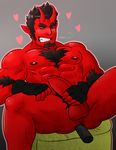  &lt;3 anal anal_masturbation anal_penetration athletic balls beard body_hair chest_hair demon eyes_closed facial_hair horn male masturbation nipples penetration penis pubes red_skin sitting smile solo spreading teeth thewildwolfy uncut 