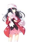  bag bangs black_hair closed_mouth coat frills half_updo hat highres hikari_(pokemon) kneehighs legs_apart long_hair long_sleeves looking_away pokemon pokemon_(game) pokemon_dppt pokemon_platinum red_coat scarf shoulder_bag simple_background skirt smile solo transistor white_background white_scarf winter_clothes 