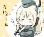  ^_^ bad_id bad_pixiv_id blonde_hair blush candy closed_eyes commentary_request cropped_jacket eating engiyoshi food garrison_cap hat headgear heart holding holding_food kantai_collection long_hair long_sleeves military military_uniform mochi puffy_long_sleeves puffy_sleeves simple_background snorkel solo swimsuit translation_request u-511_(kantai_collection) uniform upper_body yellow_background 