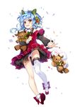  &gt;_&lt; :3 ass_visible_through_thighs bell blue_hair blush blush_stickers christmas christmas_tree clenched_hand closed_eyes d: dress embarrassed fang full_body fur_trim hair_ornament hairband hieihirai highres holly holly_hair_ornament lace legs long_sleeves looking_at_viewer merry_christmas neck_ribbon object_hug open_mouth original panties pantyshot red_dress red_footwear ribbon sack shoes short_hair_with_long_locks simple_background single_thighhigh solo star stuffed_animal stuffed_reindeer stuffed_toy thighhighs underwear wavy_mouth white_background white_legwear white_panties wing_collar yellow_eyes 