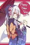  2016 cowboy_shot fangs floral_print flower from_behind furisode hair_flower hair_ornament hair_up happy_new_year highres hijiri_(resetter) japanese_clothes kanzashi kimono looking_at_viewer new_year obi oriental_umbrella pointy_ears sash silver_hair simple_background sketch solo umbrella white_background yellow_eyes 