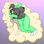  anthro belly betty_bah big_breasts big_hair breasts caprine chest_tuft clothing cuddling eyes_closed feline fur grey_hair gunpowdergreentea hair huge_hair legwear mammal nipples pajamas sheep size_difference sleeping smile socks sweatshirt tiger tuft 