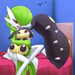  2015 bed duo eyelashes female gardevoir green_hair hair hug masterploxy mawile nintendo open_mouth pok&eacute;mon red_eyes sharp_teeth size_difference teeth video_games 