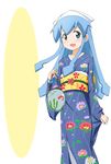  bag blue_eyes blue_hair hat highres ikamusume japanese_clothes kimono kinfuji long_hair shinryaku!_ikamusume solo squid_hat tentacle_hair 
