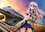  blue_eyes blue_skirt china_railway_girl china_railways_crh2 flower hair_ornament kawasaki_kagami long_hair original outdoors pleated_skirt qiuzhi_huiyi school_uniform silver_hair skirt solo sword thighhighs weapon white_legwear zettai_ryouiki 