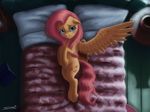  2016 bed bedroom blush book cutie_mark equine feathered_wings feathers female feral fluttershy_(mlp) friendship_is_magic hair hi_res hooves long_hair looking_at_viewer lying mammal my_little_pony on_bed pegasus pillow sa1ntmax solo wings 