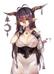  antenna_hair bandaged_arm bandages bare_shoulders black_gloves black_hair breasts cleavage danua draph fingerless_gloves gloves granblue_fantasy hair_between_eyes horns hsuliherng large_breasts long_hair pointy_ears simple_background solo white_background 