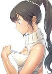  black_hair blush breasts cleavage_cutout clothes_pull from_side high_ponytail long_hair meme_attire ogino_atsuki open-chest_sweater original red_eyes simple_background small_breasts solo sweatdrop sweater sweater_pull turtleneck upper_body white_background 