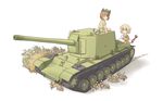  animal_ears blonde_hair borisx brown_eyes brown_hair cannon cat_ears cat_tail chen grass green_eyes ground_vehicle hat highres military military_vehicle motor_vehicle multiple_girls multiple_tails on_vehicle original short_hair su-100y tail tank touhou turret wrench 