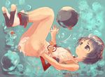  air_bubble bangs black_hair brown_eyes bubble diving_mask diving_mask_on_head flat_chest full_body kantai_collection maru-yu_(kantai_collection) no_socks oluha one-piece_swimsuit open_mouth shoes short_hair sinking solo swimsuit torn_clothes torn_swimsuit underwater very_short_hair 