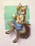  beverage canine claws coconut feet female flower flower_lei food fox fruit fur fur_markings grey_fur hair island_fox kitsumi mammal midriff pawpads plant topless wrap 