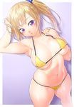  arm_up armpits bare_arms bare_shoulders bikini blonde_hair blush border breasts cleavage collarbone hand_on_head head_tilt kawakami_mai large_breasts looking_at_viewer midriff mole mole_under_eye musaigen_no_phantom_world navel onsoku_maru purple_background purple_eyes short_hair side_ponytail simple_background skindentation solo stomach strap_gap swimsuit underboob white_border yellow_bikini 