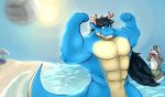  abs anthro beach bitnarukami black_hair blood blue_eyes bulge canine clothed clothing dragon duo flexing fur hair horn looking_at_viewer male mammal multicolored_fur muscular navel nosebleed partially_clothed reptile scalie seaside smile solo sweat teeth two_tone_fur volleyball water wolf zale 