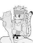  aries_(cheetahmen) athletic bandanna cheetah chest_tuft clothing club_(weapon) concentrated distracted feline greyscale knife male mammal melee_weapon monochrome sculpting shirt sitting tank_top the_cheetahmen tongue tongue_out tuft weapon whiteleo young 