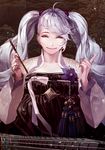  blue_hair duto flower hair_ornament instrument korean_clothes league_of_legends long_hair looking_at_viewer paintbrush smile solo sona_buvelle stick twintails 