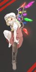  black_legwear blonde_hair boots claws flandre_scarlet hiedanotsukai looking_at_viewer mismatched_footwear mismatched_legwear parted_lips red_eyes shoes side_ponytail single_boot single_shoe skirt solo thighhighs touhou vest white_legwear wings 