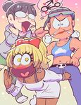  bangs bent_over blonde_hair blunt_bangs choroko_(osomatsu-san) denim earrings eyewear_on_head fujoshi ganguro glasses gradient gradient_background hair_bun heart heart_in_mouth hood hoodie hoop_earrings jeans jewelry juushiko_(osomatsu-san) karako_(osomatsu-san) lipstick looking_at_viewer makeup mars_symbol multiple_girls navel osomatsu-san pants pointing pointing_at_self red_lipstick sanjiro_(tenshin_anman) simple_background spoken_heart sportswear sunglasses tan yellow_eyes 