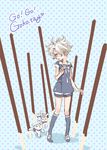  adapted_costume black_legwear english food gokotai gokotai's_tigers highres kneehighs lalamix male_focus oversized_object pocky polka_dot polka_dot_background shorts tiger tiger_cub touken_ranbu white_hair white_tiger yellow_eyes 