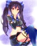  bare_shoulders black_hair hair_ornament hair_ribbon highres kami_jigen_game_neptune_v midriff mizuyoukan_(mikususannda) navel neptune_(series) noire red_eyes ribbon skirt solo star twintails 