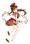  barefoot brown_eyes brown_hair candy commentary_request floating floating_hair floating_object food full_body inushi long_hair long_legs looking_at_viewer nisekoi onodera_haru orbital_ring sandals shoes_removed side_ponytail simple_background skirt solo white_background 