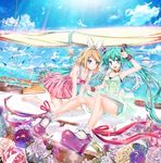  \m/ all_fours aqua_eyes aqua_hair barefoot bird blonde_hair blue_eyes cloud day dress dutch_angle flower hatsune_miku high_heels highres kagamine_rin long_hair looking_at_viewer maruyama mary_janes multiple_girls open_mouth panties pantyshot pantyshot_(sitting) shoes short_hair sitting sky socks striped striped_panties twintails underwear very_long_hair vocaloid water 