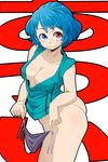  absurdres aono3 ass background_text blue_eyes blue_hair bottomless breasts cleavage collarbone cowboy_shot dress_shirt heterochromia highres holding holding_panties looking_at_viewer looking_up medium_breasts no_bra outline panties panties_removed purple_panties red_eyes shirt short_hair sleeveless smile solo tatara_kogasa touhou translated twisted_torso underwear 