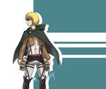  androgynous armin_arlert belt blonde_hair blue_eyes boots brown_footwear dated emeraudolupus jacket looking_to_the_side male_focus paradis_military_uniform shingeki_no_kyojin signature solo suspenders three-dimensional_maneuver_gear 