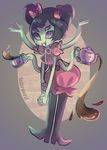  absurdres black_hair bow bowtie cup extra_eyes full_body hair_ornament highres hohoemii insect_girl muffet multiple_arms solo spider_girl standing tea teacup teapot undertale unitard 