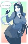  big_breasts black_hair blue_eyes breasts cakewasgood cat clothing dialogue ear_piercing feline female hair korean_text long_hair mammal necktie one_eye_closed piercing schoolgirl shirt simple_background skirt smile snowball solo standing sweater text translated 