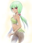  alternate_hair_length alternate_hairstyle breasts cleavage dark_skin emerald_sustrai from_side green_hair iesupa long_hair low_ponytail midriff navel red_eyes rwby small_breasts solo 
